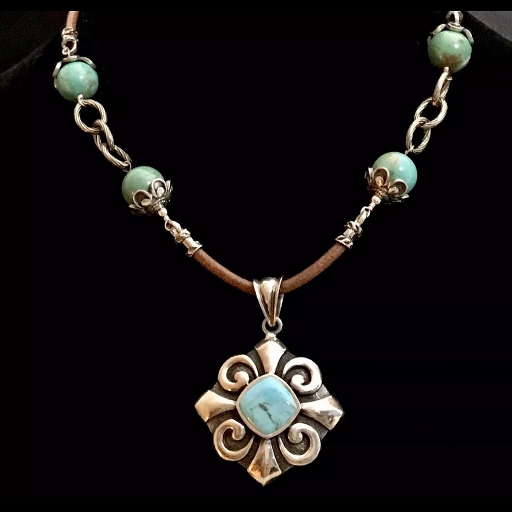 Vintage Barse Turquoise Pendant Necklace Leather and Sterling Silver 925